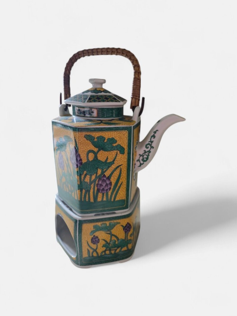 Title: Vintage Japanese Porcelain Teapot with Warmer Stand – Hand Painted Floral